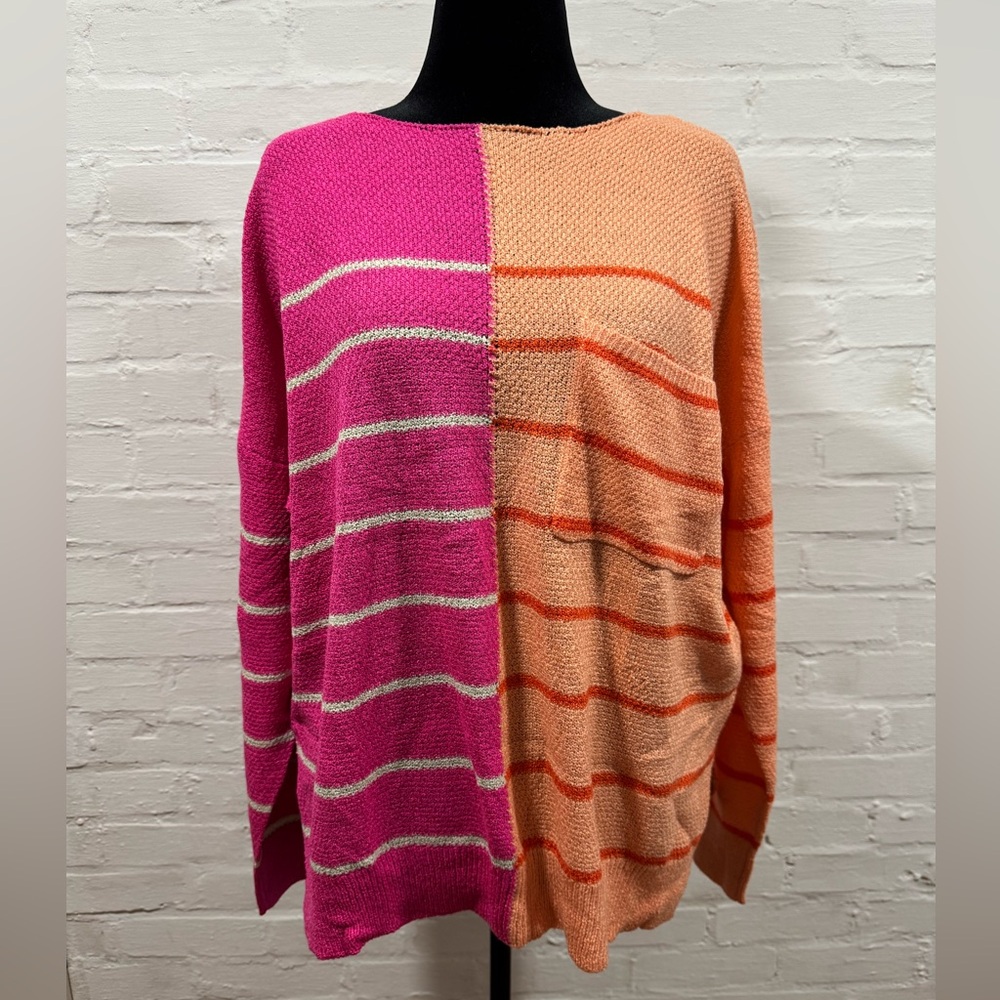 Boutique Summer Sweater Hot Pink, Tangerine Orange & White Stripes - Size XL